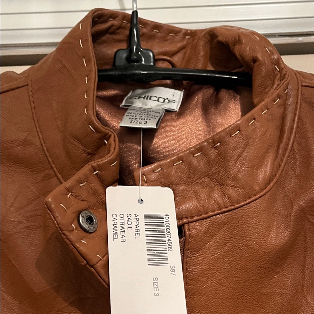 Chico's Tan Leather Jacket New with Tag Size 3